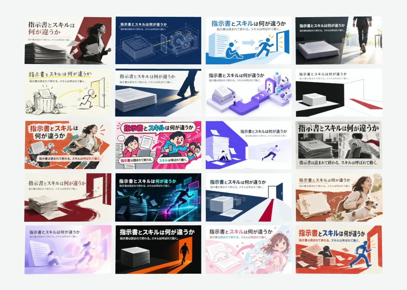 同じ原稿を20種類のデザインで生成したスライドの見本