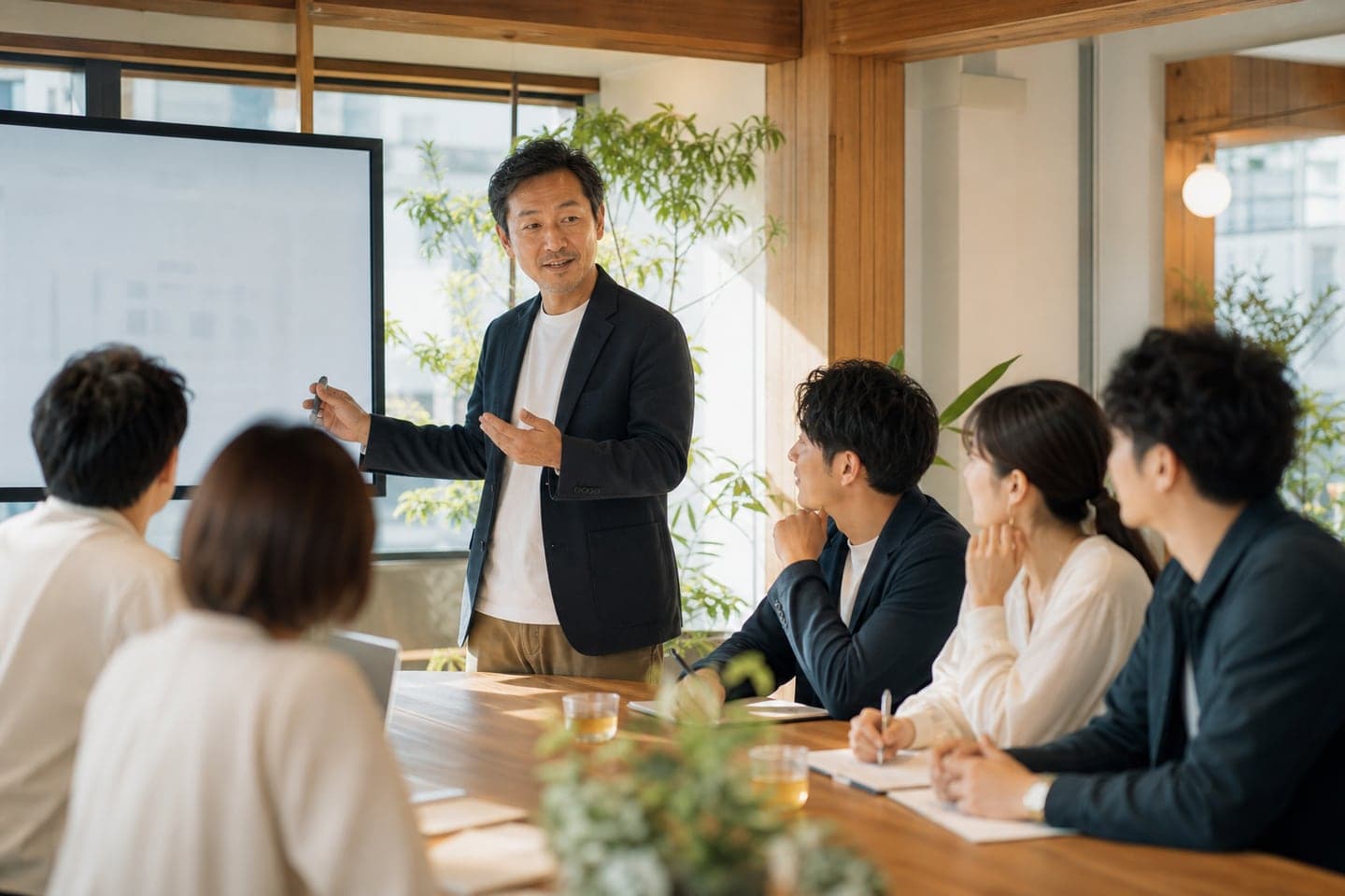 チームメンバーへ穏やかに説明する代表