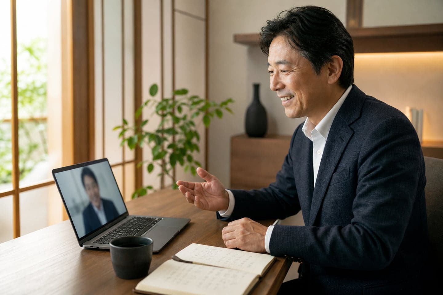 明るい書斎でオンラインの定例セッションを受ける経営者