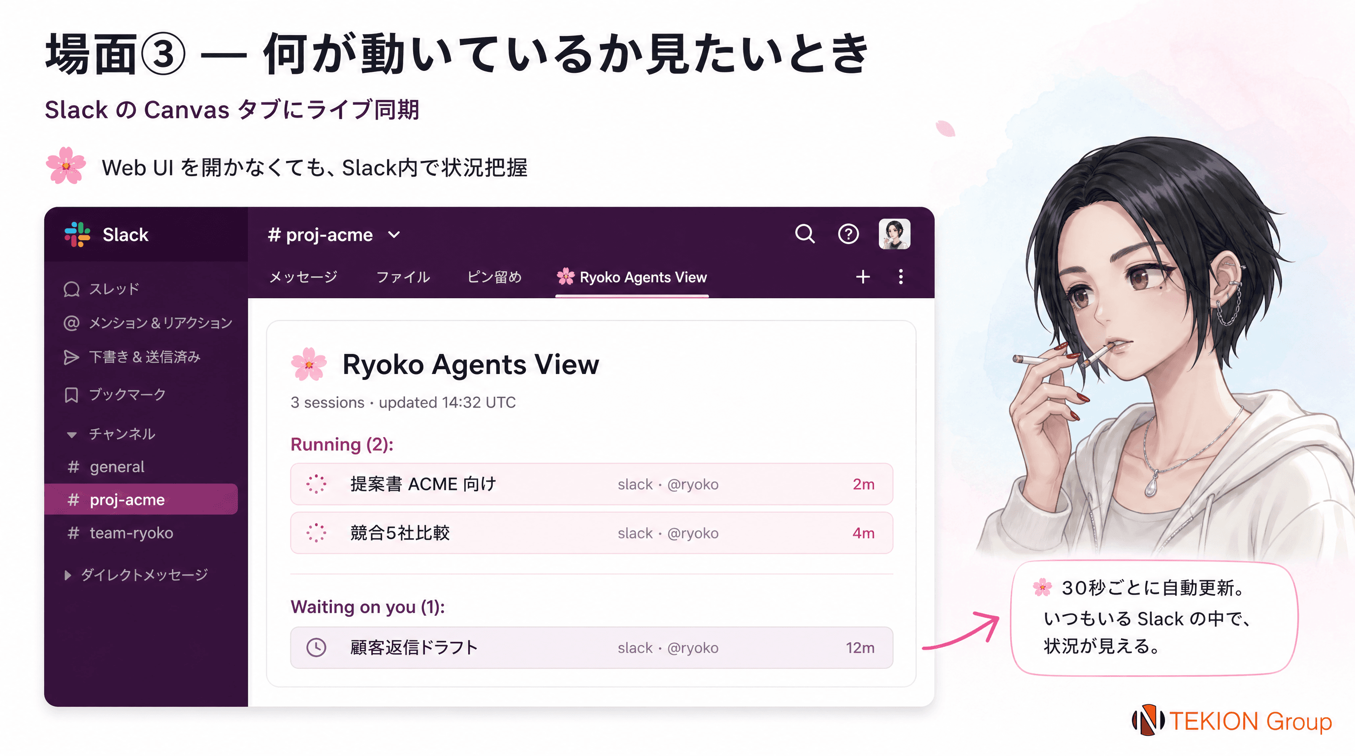 場面3: Slack Canvasタブにライブ同期