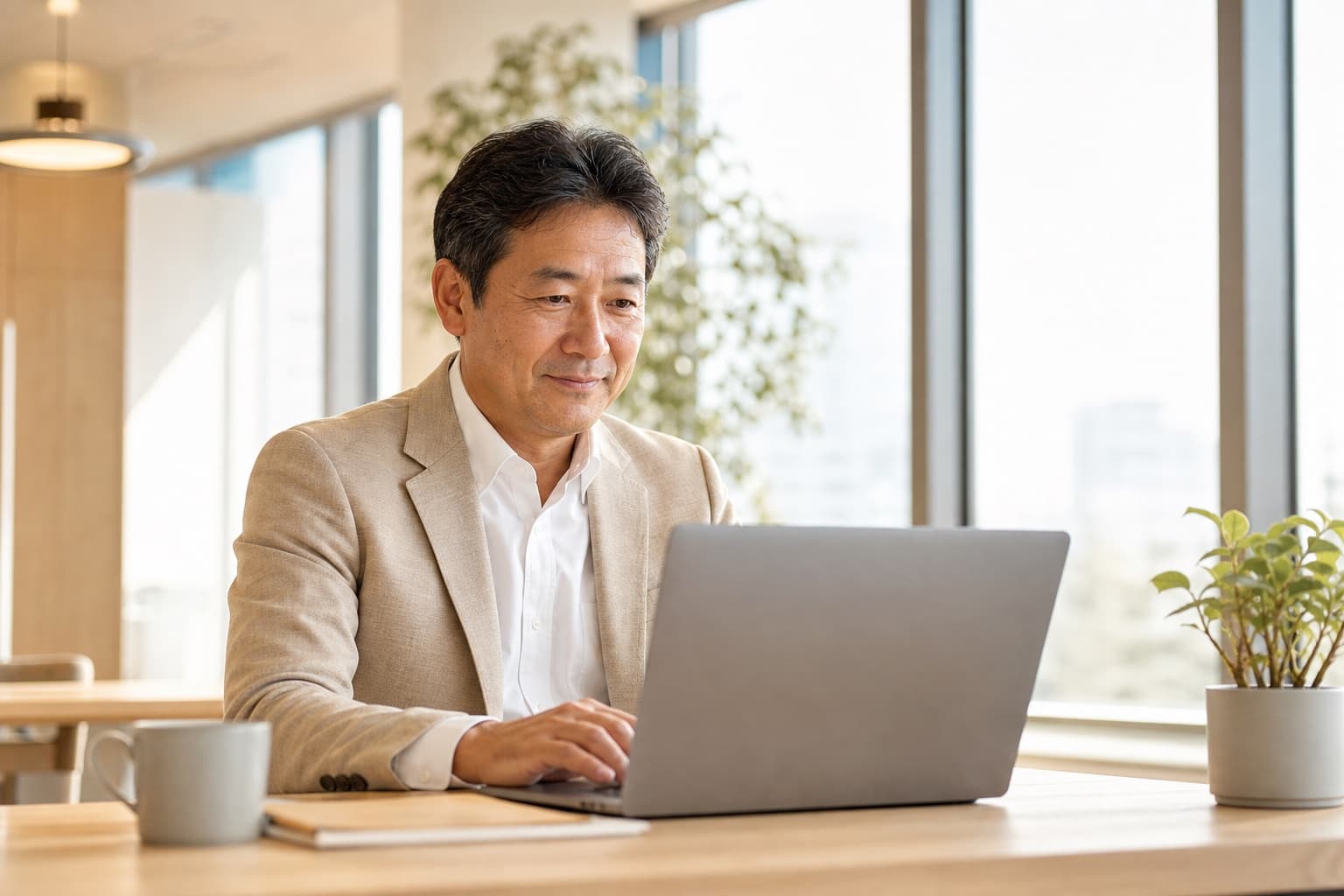 明るい執務室で自らPCに向かう経営者